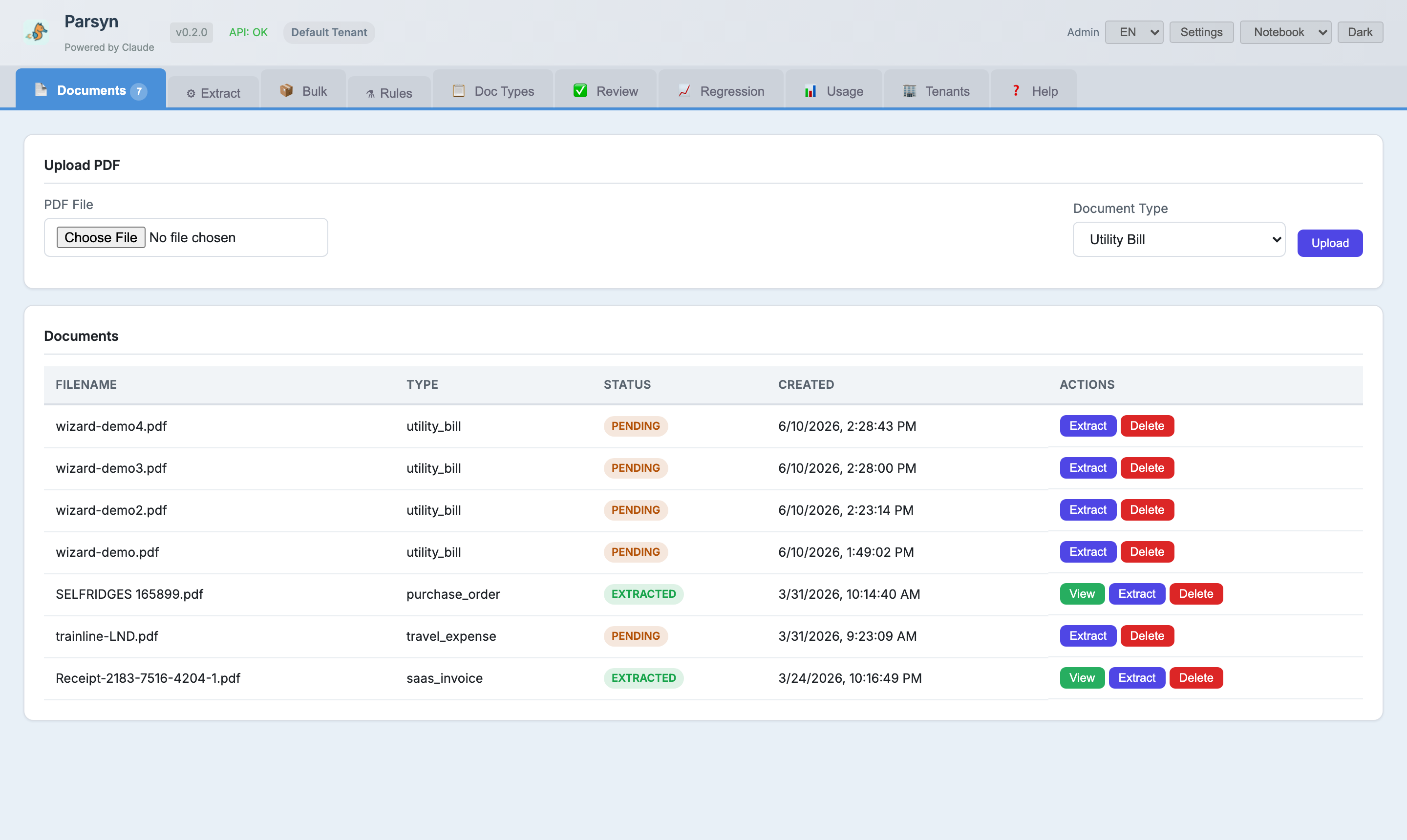 Parsyn dashboard showing extracted documents with status badges