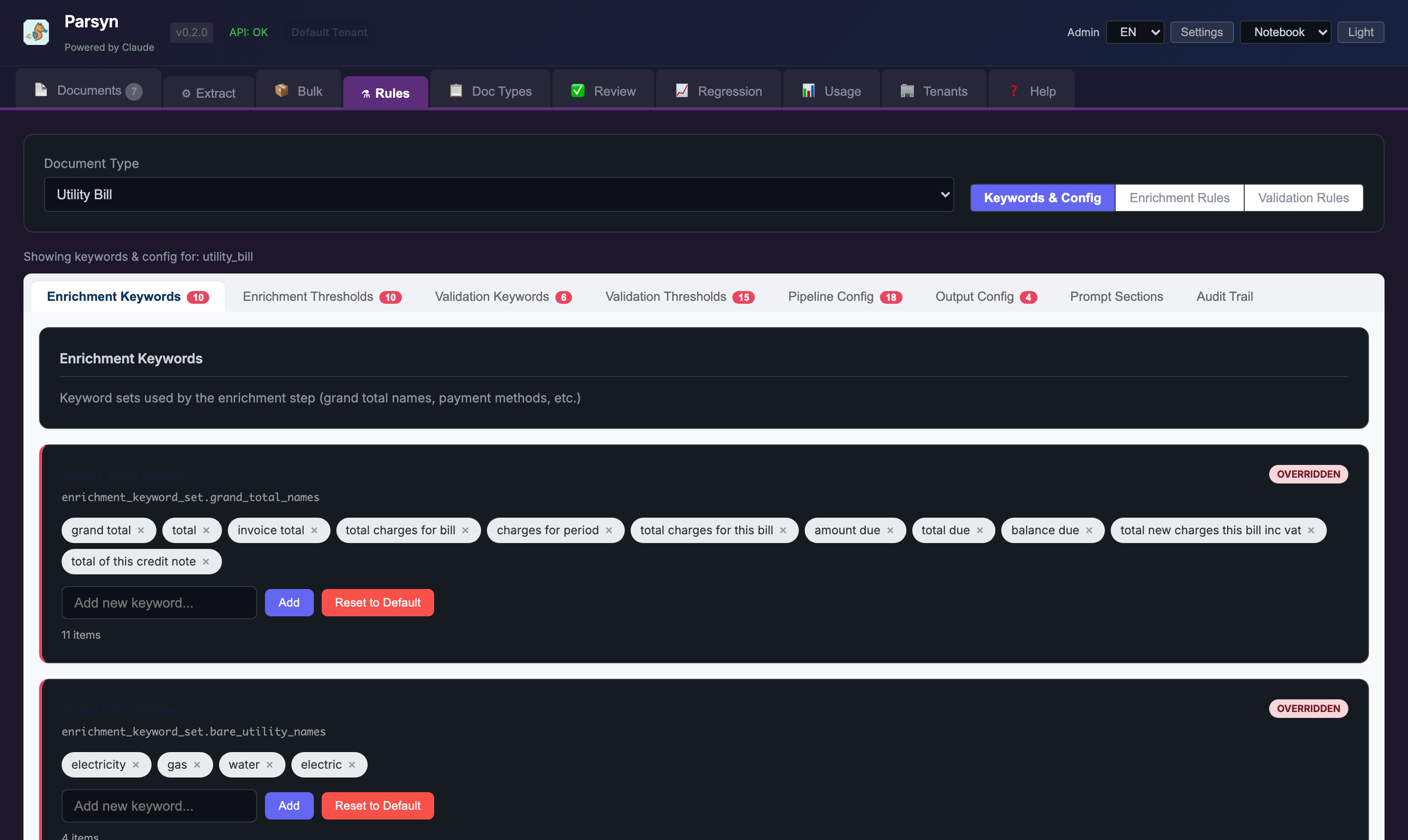 Parsyn rules workbench in dark mode