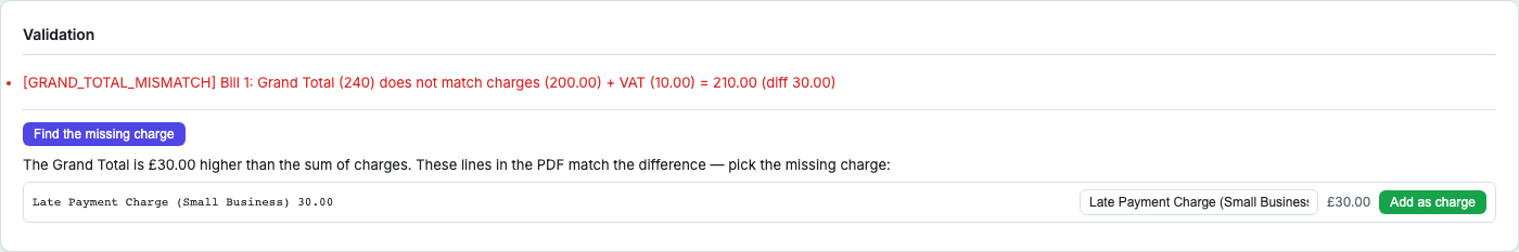 Parsyn fix wizard finding a missing charge in the PDF